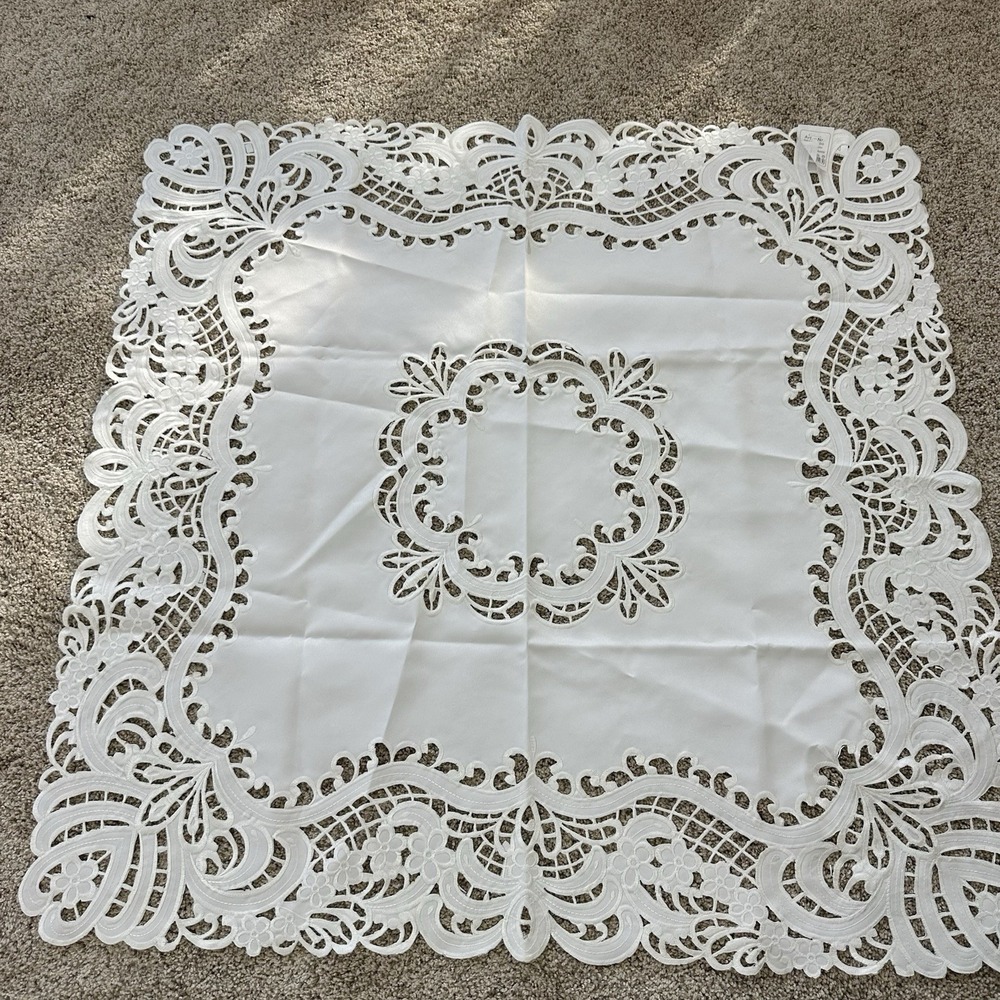 Vintage Lacy White Cutwork Tablecloth Square 33" Neutral Solid White Embroidered